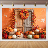Lofaris Rustic Wooden Door Autumn Holiday Backdrop with Pumpkins and Fall Leaves, Seasonal Photography Background for Thanksgiving Party Decor