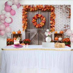 Lofaris Rustic Wooden Door Autumn Holiday Backdrop with Pumpkins and Maple Leaves, Farmhouse Background for Fall Harvest Party Decor
