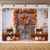 Lofaris Rustic Wooden Door Autumn Holiday Backdrop with Pumpkins and Maple Leaves, Farmhouse Background for Fall Harvest Party Decor