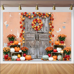 Lofaris Rustic Autumn Photography Backdrop with Pumpkins and Leaves, Old Wooden Door Background for Seasonal Portraits