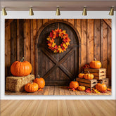 Lofaris Rustic Wooden Barn Door Autumn Harvest Backdrop with Pumpkins, Fall Leaves and Wreath Photography Background for Seasonal Decor.