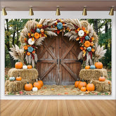 Lofaris Rustic Barn Door Autumn Photography Backdrop with Pumpkins, Pampas Grass and Hay Bales Fall Seasonal Photo Background
