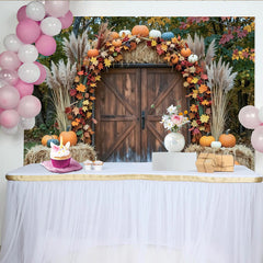 Lofaris Rustic Barn Door Autumn Photography Backdrop with Pumpkins and Hay Bales, Fall Harvest Studio Background for Portrait