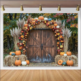 Lofaris Rustic Barn Door Autumn Photography Backdrop with Pumpkins and Hay Bales, Fall Harvest Studio Background for Portrait