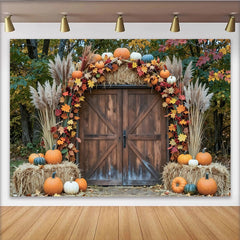 Lofaris Rustic Barn Door Autumn Photography Backdrop with Pumpkins and Hay Bales, Fall Harvest Studio Background for Portrait