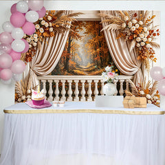 Lofaris Elegant Autumn Forest Photography Backdrop with White Roses and Pampas Grass, Balustrade Studio Background for Seasonal Shoots