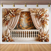 Lofaris Elegant Autumn Forest Photography Backdrop with White Roses and Pampas Grass, Balustrade Studio Background for Seasonal Shoots