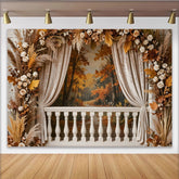 Lofaris Autumn Balcony Photography Backdrop with Fall Forest View, White Balustrade and Floral Decor, Studio Background for Portraits