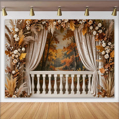 Lofaris Autumn Balcony Photography Backdrop with Fall Forest View, White Balustrade and Floral Decor, Studio Background for Portraits