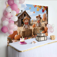 Lofaris Rustic Autumn Harvest Photography Backdrop with Scarecrows, Pumpkins and Fall Leaves, Barn Farm Background for Studio Photoshoot