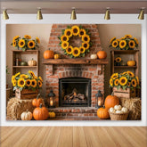 Lofaris Rustic Autumn Thanksgiving Holiday Backdrop with Sunflowers, Pumpkins and Fireplace, Cozy Fall Harvest Photo Background for Event Decor