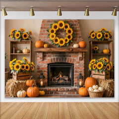 Lofaris Rustic Autumn Thanksgiving Holiday Backdrop with Sunflowers, Pumpkins and Fireplace, Cozy Fall Harvest Photo Background for Event Decor