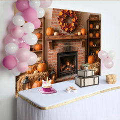 Lofaris Cozy Autumn Fireplace Backdrop with Pumpkins and Fall Wreath, Rustic Harvest Season Background for Thanksgiving Decor