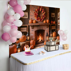 Lofaris Cozy Thanksgiving Holiday Backdrop with Brick Fireplace, Pumpkins and Fall Wreath, Rustic Autumn Harvest Background for Party Decor