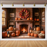 Lofaris Cozy Thanksgiving Holiday Backdrop with Brick Fireplace, Pumpkins and Fall Wreath, Rustic Autumn Harvest Background for Party Decor