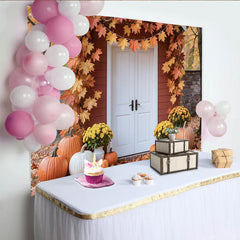 Lofaris Autumn Photography Backdrop with Red House, White Door, and Maple Leaves, Fall Harvest Scene Background for Studio Photoshoot