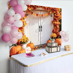 Lofaris Autumn Thanksgiving Backdrop with Orange Maple Leaves and Pumpkins, Cozy Fall Harvest Photography Background Decor