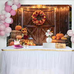 Lofaris Rustic Wooden Barn Autumn Harvest Backdrop with Pumpkins and Fall Wreath, String Lights Photo Background for Autumn Party
