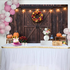 Lofaris Rustic Barn Door Autumn Thanksgiving Backdrop with Pumpkins, Cozy Farmhouse Photography Background for Seasonal Decor