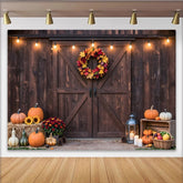 Lofaris Rustic Barn Door Autumn Thanksgiving Backdrop with Pumpkins, Cozy Farmhouse Photography Background for Seasonal Decor
