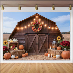 Lofaris Rustic Wooden Barn Thanksgiving Backdrop with Fall Pumpkins and String Lights, Autumn Harvest Photo for Family Gatherings, Party Decor