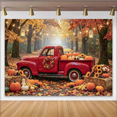 Lofaris Autumn Red Truck and Pumpkin Photography Backdrop, Rustic Fall Forest Background with Sunflowers and Hay Bales