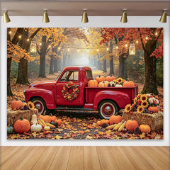 Lofaris Autumn Red Truck and Pumpkin Photography Backdrop, Rustic Fall Forest Background with Sunflowers and Hay Bales