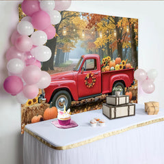 Celebrate Vintage Red Truck Autumn Backdrop for Thanksgiving Harvest, Rustic Fall Forest Background with Pumpkins and Sunflowers