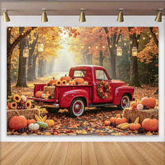 Celebrate Autumn Harvest Red Truck Photography Backdrop with Pumpkins, Rustic Fall Forest Background for Thanksgiving Party Decor