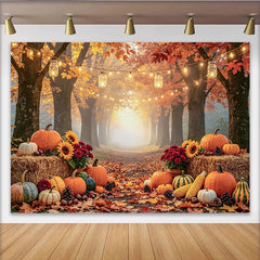 Celebrate Cozy Autumn Backdrop with Pumpkins and Sunflowers, Rustic Forest Path Background for Thanksgiving Party Decor