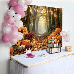 Celebrate Autumn Forest Path Backdrop with Pumpkins and Sunflowers, Warm Light Background for Thanksgiving Party Decoration