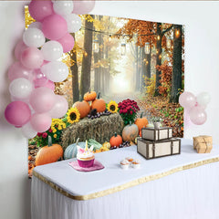 Celebrate Autumn Pumpkin Thanksgiving Backdrop with Sunflowers, Rustic Harvest Forest Background for Autumn Photography