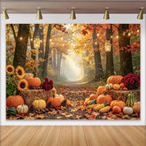 Celebrate Autumn Forest Pumpkin Patch Autumn Backdrop for Photoshoot, with Warm String Lights and Hay Bales Background for Studio