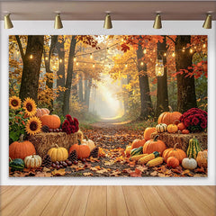 Celebrate Autumn Forest Pumpkin Patch Autumn Backdrop for Photoshoot, with Warm String Lights and Hay Bales Background for Studio