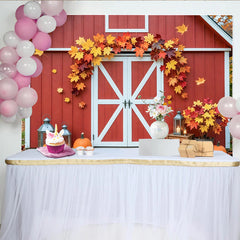 Celebrate Red Barn Autumn Backdrop with Pumpkins and Maple Leaves, Rustic Fall Background for Thanksgiving Party Decoration