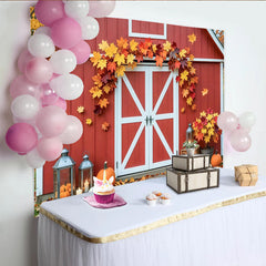 Celebrate Red Barn Autumn Backdrop with Pumpkins and Maple Leaves, Rustic Fall Background for Thanksgiving Party Decoration