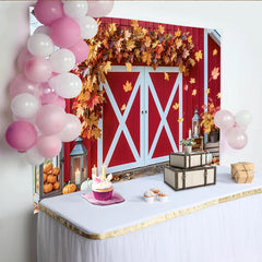 Lofaris Rustic Red Barn Autumn Backdrop for Fall Photoshoot, featuring Maple Leaves and Pumpkins Wood Background Prop