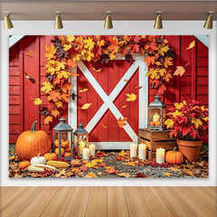 Celebrate Rustic Red Barn Autumn Thanksgiving Backdrop for Family, Festive Holiday Party Banner with Pumpkins and Lanterns