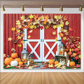 Lofaris Red Barn Door Autumn Backdrop with Maple Leaves and Pumpkins, Rustic Fall Decor Background for Thanksgiving Harvest Party