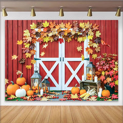 Lofaris Red Barn Door Autumn Backdrop with Maple Leaves and Pumpkins, Rustic Fall Decor Background for Thanksgiving Harvest Party