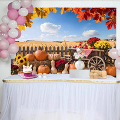 Celebrate Autumn Pumpkin Patch Photography Backdrop for Fall Portrait, Rustic Wooden Cart and Sunflower Background for Studio