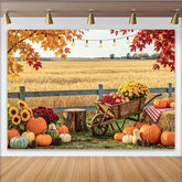 Lofaris Rustic Pumpkin Autumn Backdrop for Fall Harvest Portrait, Beautiful Sunflower and Wheelbarrow Background for Studio