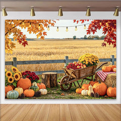 Lofaris Rustic Pumpkin Autumn Backdrop for Fall Harvest Portrait, Beautiful Sunflower and Wheelbarrow Background for Studio