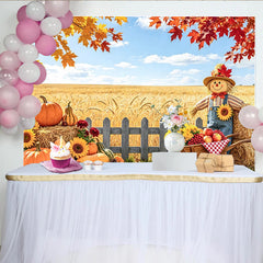 Celebrate Autumn Pumpkin Thanksgiving Backdrop with Scarecrow, Beautiful Wheat Field Banner for Autumn Party Decoration