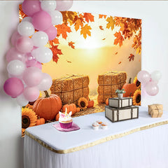 Capture Autumn Harvest Photography Backdrop with Pumpkins, Rustic Hay Bales and Maple Leaves Background for Autumn Portrait