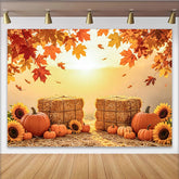 Capture Autumn Harvest Photography Backdrop with Pumpkins, Rustic Hay Bales and Maple Leaves Background for Autumn Portrait