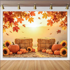 Capture Autumn Harvest Photography Backdrop with Pumpkins, Rustic Hay Bales and Maple Leaves Background for Autumn Portrait