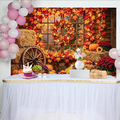 Celebrate Rustic Autumn Backdrop with Pumpkins and Maple Leaves, Cozy Fall Barn Window Background for Studio Portrait