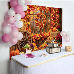 Celebrate Rustic Autumn Backdrop with Pumpkins and Maple Leaves, Cozy Fall Barn Window Background for Studio Portrait