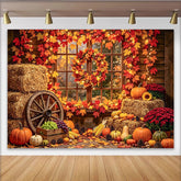 Celebrate Rustic Autumn Backdrop with Pumpkins and Maple Leaves, Cozy Fall Barn Window Background for Studio Portrait